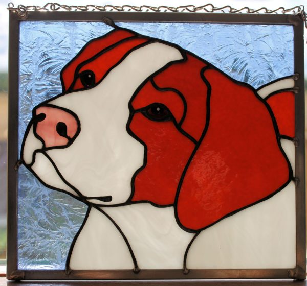 stained glass suncatcher of a brittany spaniel dog