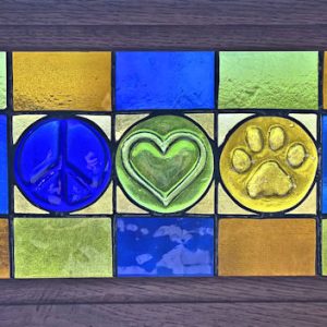peace love dogs stained glass window panel framed in wood