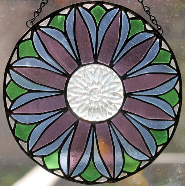 clear, blue, purple, green recycled glass flower panel